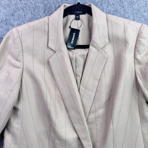 Express Women's Tan/Black Pinstripe Double Breasted Long Sleeve Blazer - Picture 2 of 7